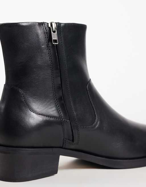 ASOS DESIGN zip up boots with cuban heel in black leather, 3 of 4
