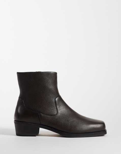 ASOS DESIGN zip up boots with cuban heel in brown tumbled leather - view 1