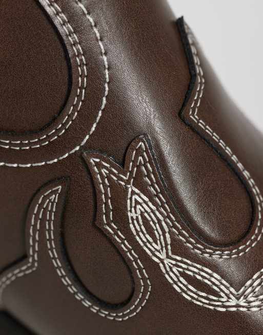 ASOS DESIGN zip up boots with cuban heels and cowboy detailing in brown, 3 of 4