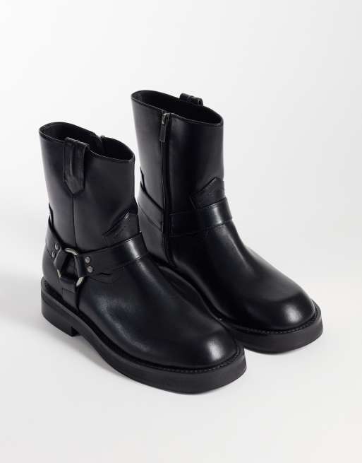 ASOS DESIGN zip up boots with strap and metal hardware detail in black, 2 of 4