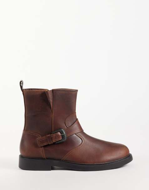ASOS DESIGN zip up boots with western buckle detail in burnished tan leather - view 1