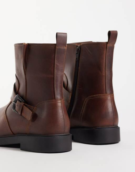 ASOS DESIGN zip up boots with western buckle detailing in burnished tan leather, 4 of 4