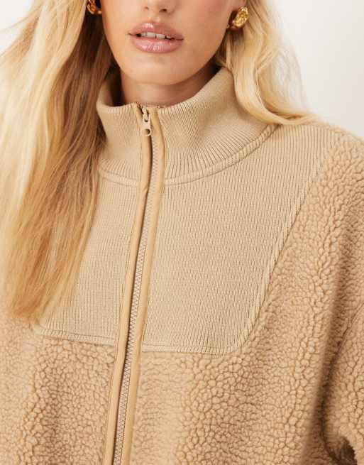 ASOS DESIGN zip up borg fleece and knit mix jacket in tonal beige, 2 of 4