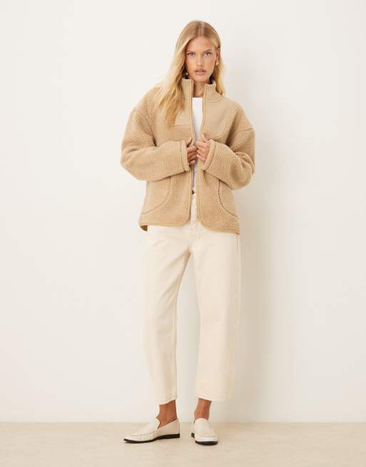 ASOS DESIGN zip up borg fleece and knit mix jacket in tonal beige, 3 of 4