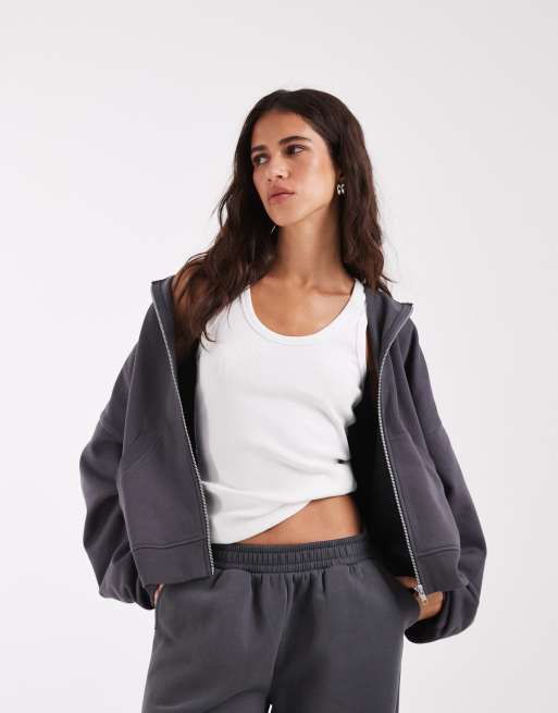 ASOS DESIGN Zip up brushback hoodie in dark gray, 4 of 4