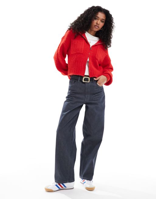 ASOS DESIGN zip up cardigan with pocket and collar detail in red, 3 of 4