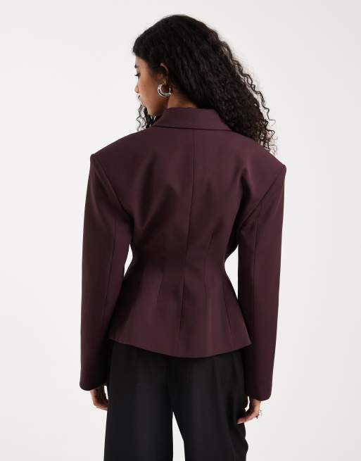 ASOS DESIGN zip up cinch blazer in burgundy, 2 of 4