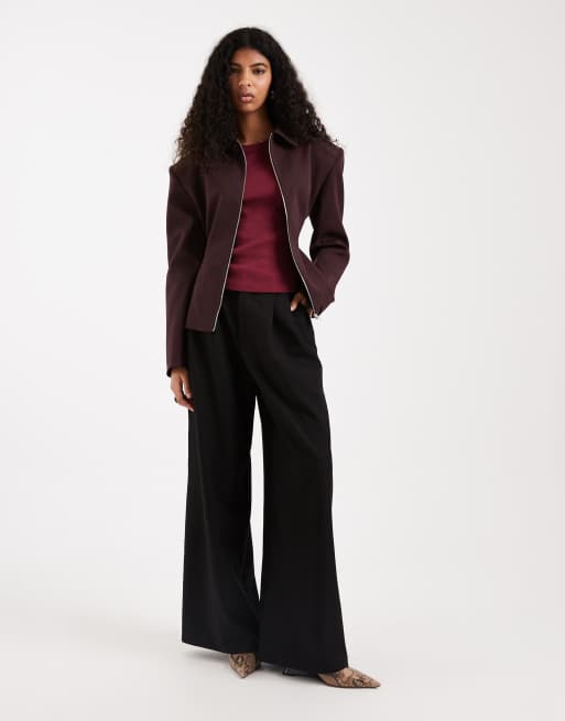 ASOS DESIGN zip up cinch blazer in burgundy, 3 of 4