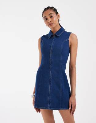 Asos Design Zip Up Dress In Blue