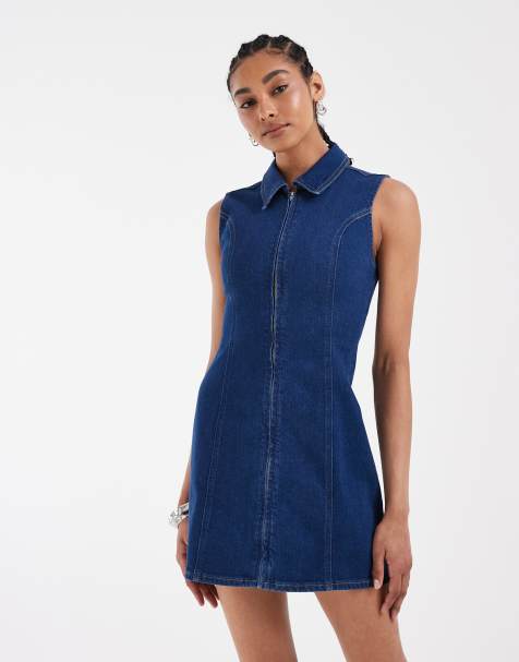 ASOS DESIGN zip up dress in washed denim - view 1