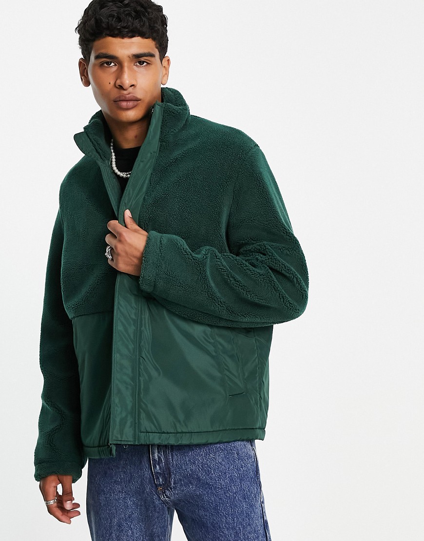 ASOS DESIGN zip up fleece jacket with contrast nylon panel-Green