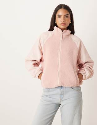 Asos Design Zip Up Fleece With Nylon Detailing In Neutral