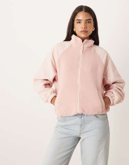 ASOS DESIGN zip through fleece with nylon detail in tonal pink
