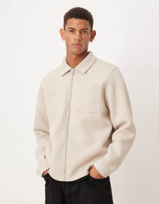 ASOS DESIGN zip up heavyweight jacket in scuba-style fabric in beige-Neutral