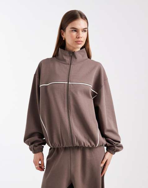 ASOS DESIGN zip up hooded jacket in chocolate - part of a set - view 1