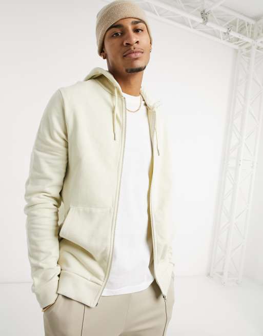 ASOS DESIGN zip up hoodie in beige BEIGE