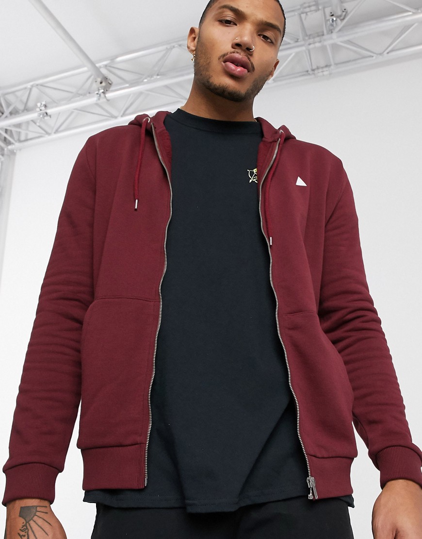 ASOS DESIGN zip up hoodie in burgundy with triangle-Red