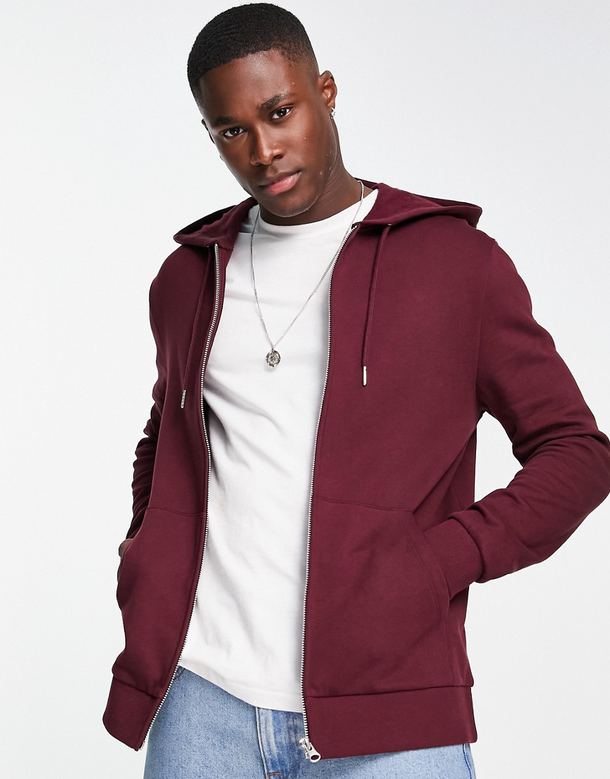 ASOS DESIGN zip up hoodie in burgundy-Red
