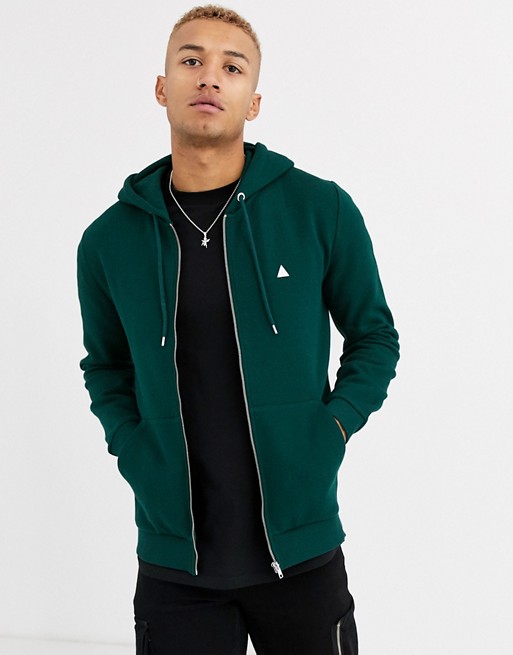 ASOS DESIGN zip up hoodie in dark green with triangle
