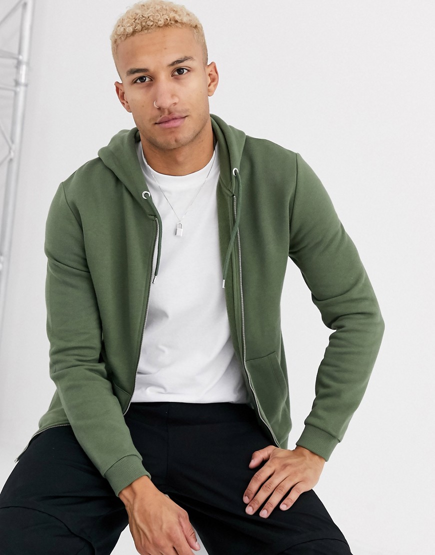 ASOS DESIGN zip up hoodie in khaki-Green