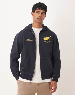 Asos Design Zip Up Hoodie With Athletic Prints And Contrast Stitching In Blue