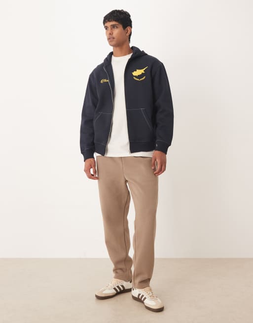 ASOS DESIGN zip up hoodie with athletic prints and contrast stitching in navy, 2 of 5