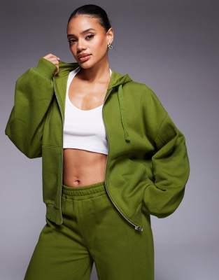 Asos Design Zip Up Hoodie With Balloon Sleeve In Green