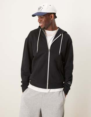 Asos Design Zip Up Hoodie With Chest And Back Print In Black