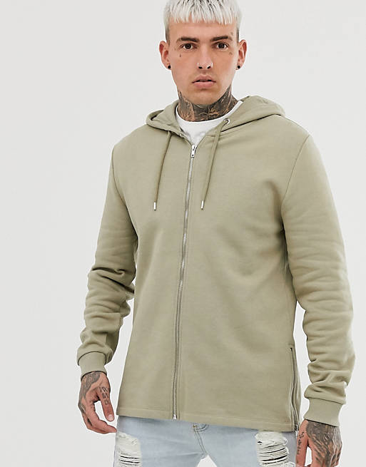 ASOS DESIGN zip up hoodie with side zips in khaki | ASOS