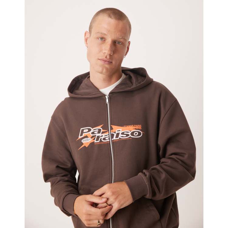ASOS DESIGN zip up hoodie with sporty print in brown | ASOS