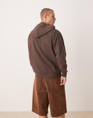 Asos Design Zip Up Hoodie With Sporty Print In Brown
