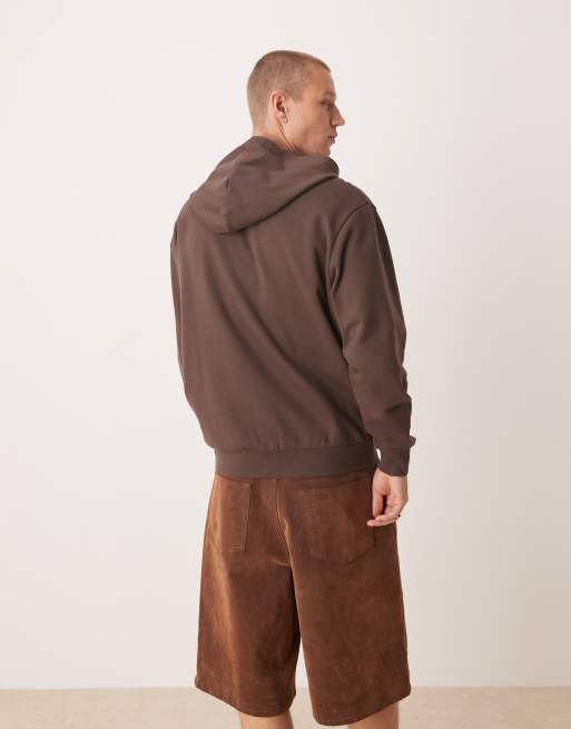 ASOS DESIGN zip up hoodie with sporty print in brown, 2 of 4