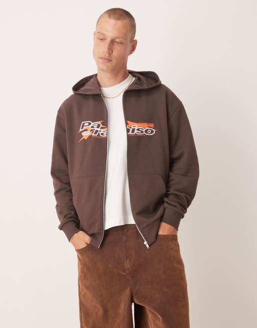 ASOS DESIGN zip up hoodie with sporty print in brown, 3 of 4