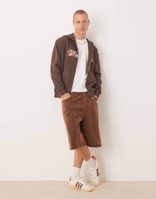 ASOS DESIGN zip up hoodie with sporty print in brown, 4 of 4