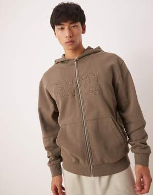 zip up hoodie with street print embroidery in brown