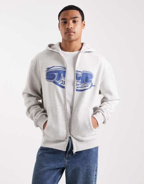 ASOS DESIGN zip up hoodie with street print in heathered ice - view 1