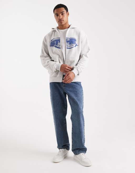 ASOS DESIGN zip up hoodie with street print in heathered ice, 2 of 5