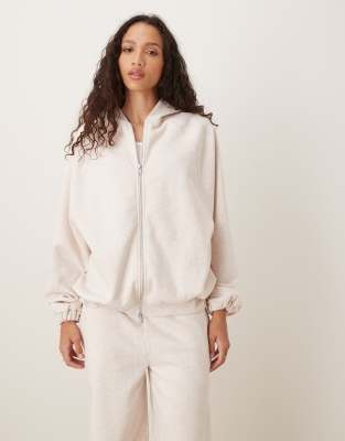 Asos Design Zip Up Hoodie With Tie Hem In Neutral