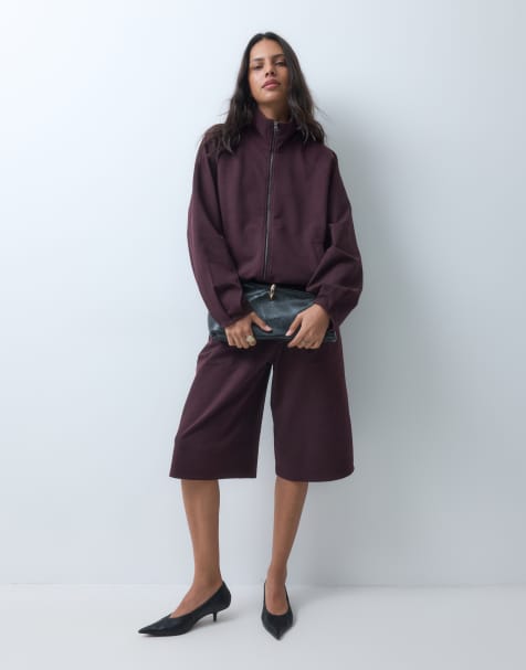 ASOS DESIGN zip up jacket and pleated jorts co-ord in burgundy - view 1