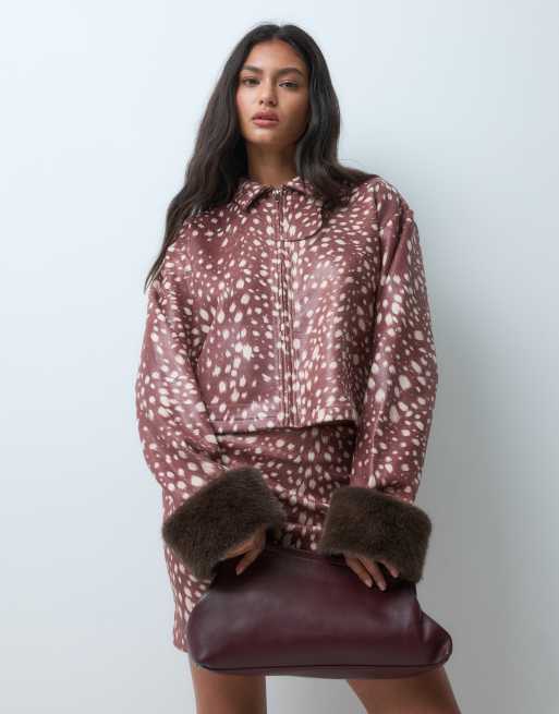 ASOS DESIGN zip up jacket with faux fur cuff trim in deer print, 2 of 5