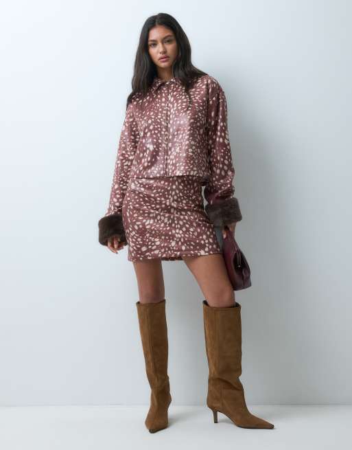 ASOS DESIGN zip up jacket with faux fur cuff trim in deer print, 3 of 5