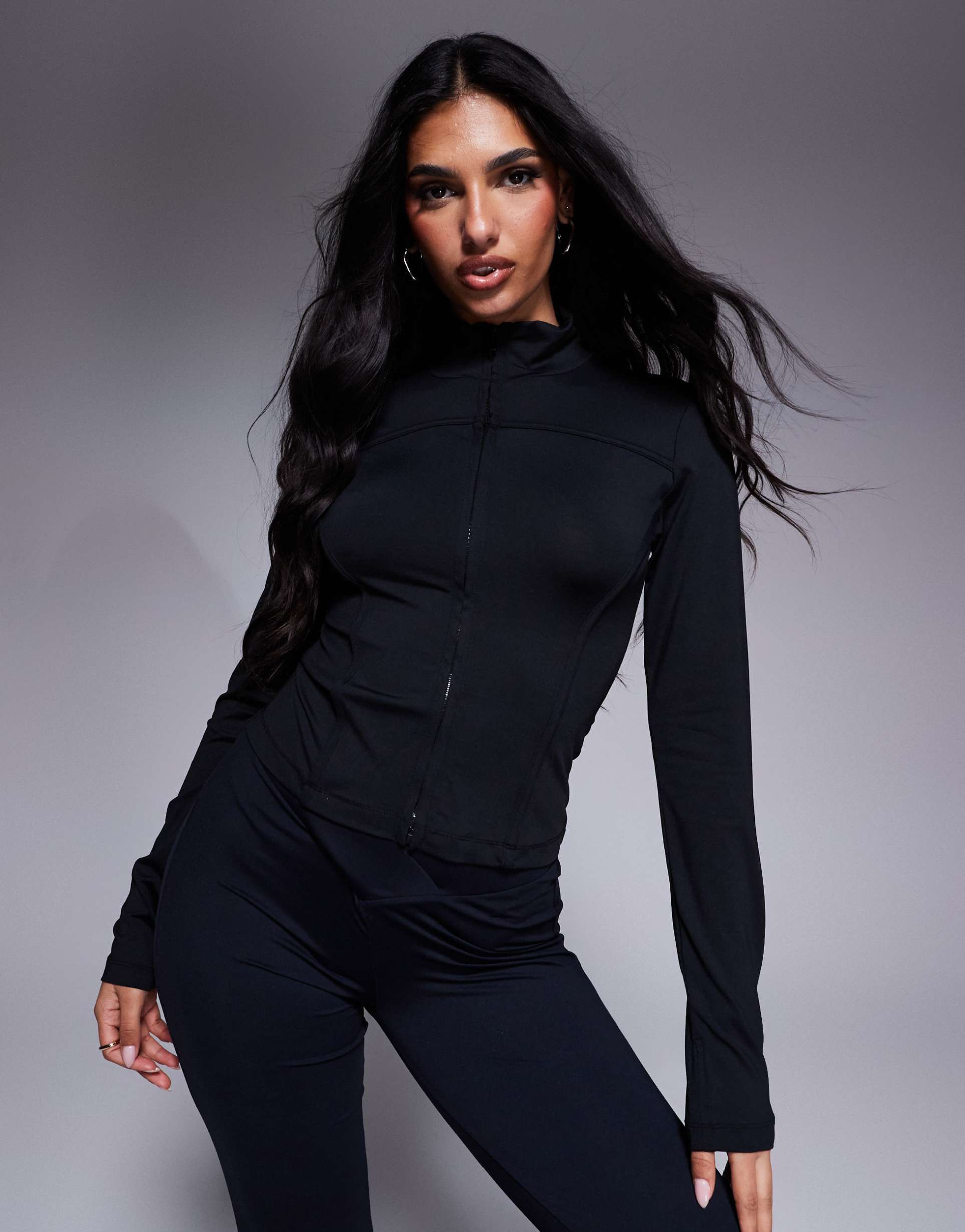 asos design zip up polyamide seamed top in black