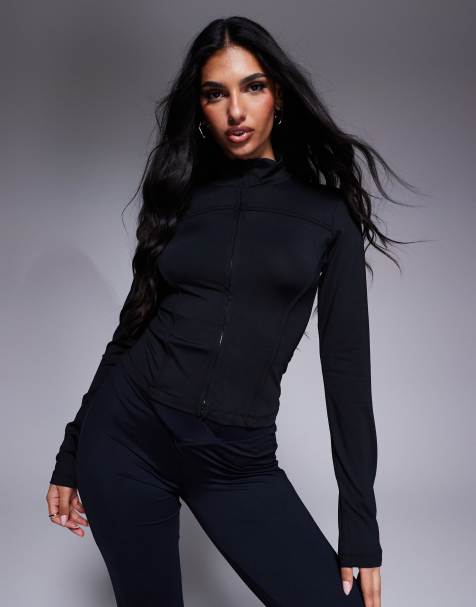 ASOS DESIGN zip up polyamide seamed top in black