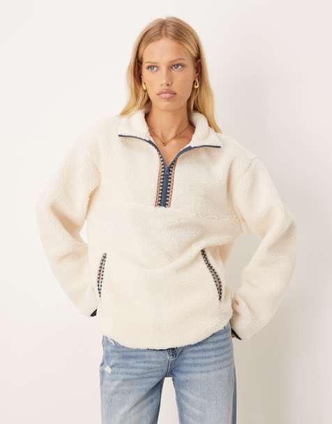 ASOS DESIGN zip up teddy fleece sweatshirt with folk trim detailing in cream - view 1