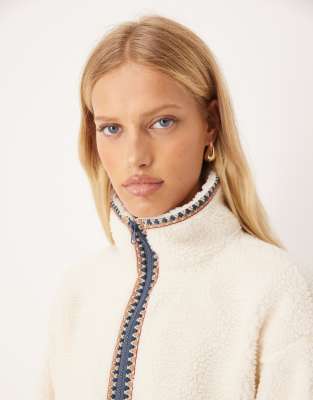 Asos Design Zip Up Teddy Fleece Sweatshirt With Folk Trim Detailing In Neutral