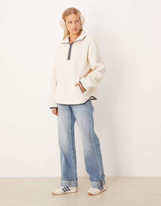 ASOS DESIGN zip up teddy fleece sweatshirt with folk trim detailing in cream, 4 of 4