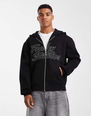 Asos Design Zip Up With Embroidery In Black