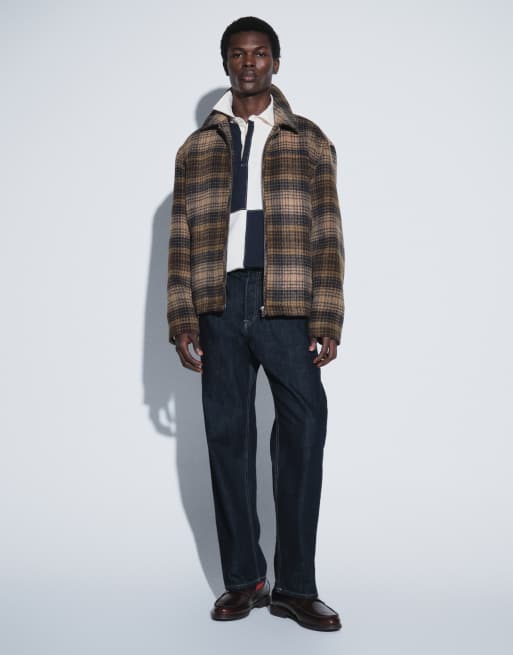 ASOS DESIGN zip up wool look jacket in beige plaid, 6 of 6