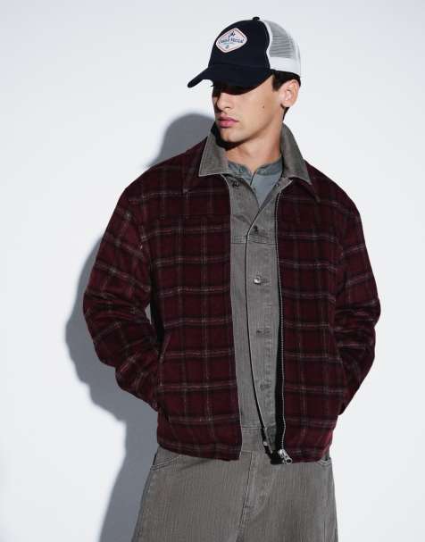 ASOS DESIGN zip up wool look jacket in burgundy plaid - view 1