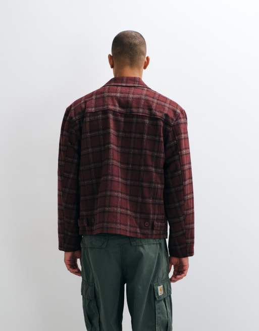 ASOS DESIGN zip up wool look jacket in burgundy plaid, 5 of 5